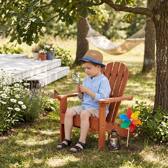 Red Giga Kids Adirondack arm chair suitable for indoor and outdoor use, featuring a sturdy wooden design for children.