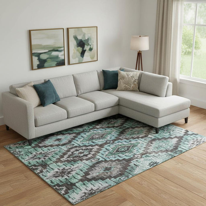 10' X 14' Washable Area Rug With UV Protection (707125) - Teal / Charcoal / Ivory