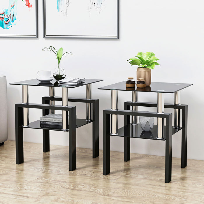Set of two Giga modern black tempered glass tea tables with square tops for living room decor.