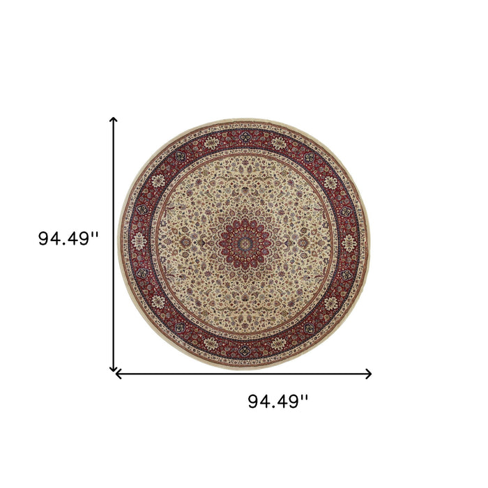 8' Oriental Round Rug - Ivory / Red
