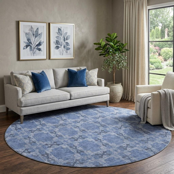 8' Floral Medallion Washable Round Rug With UV Protection (649477) - Denim Blue / Ivory