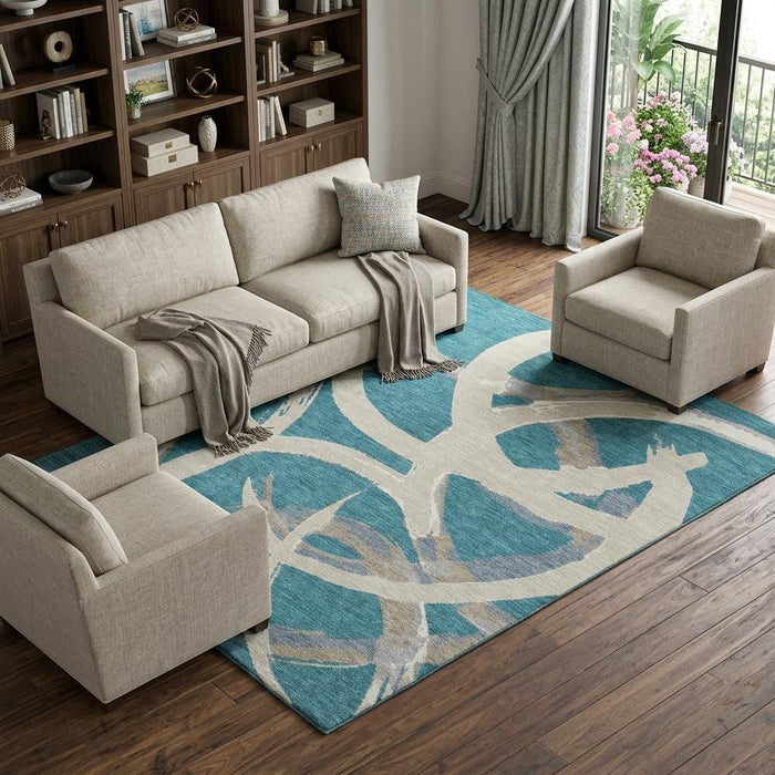 10' X 14' Abstract Washable Area Rug With UV Protection (680295) - Teal / Ivory / Gray