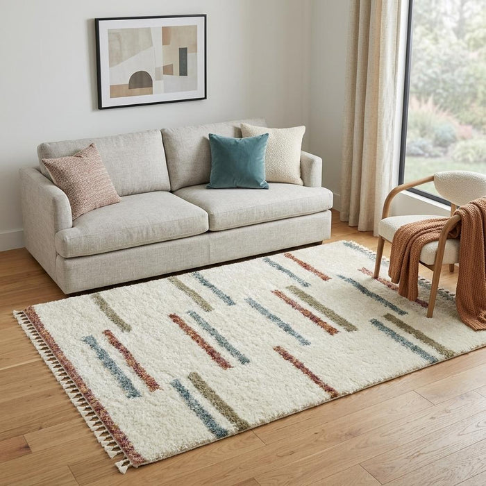 5' X 8' Striped Shag Area Rug With Fringe (574640) - Ivory / Brown / Gray