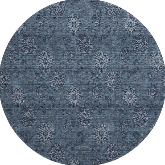 8' Floral Washable Round Rug With UV Protection - Blue And Ivory