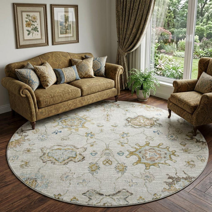 8' Floral Medallion Distressed Washable Round Rug With UV Protection (644619) - Linen / Blue / Coffee