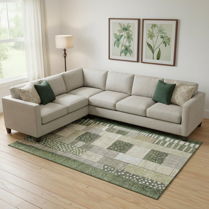 10' X 14' Geometric Washable Area Rug With UV Protection (709474) - Olive Green / Beige / Ivory