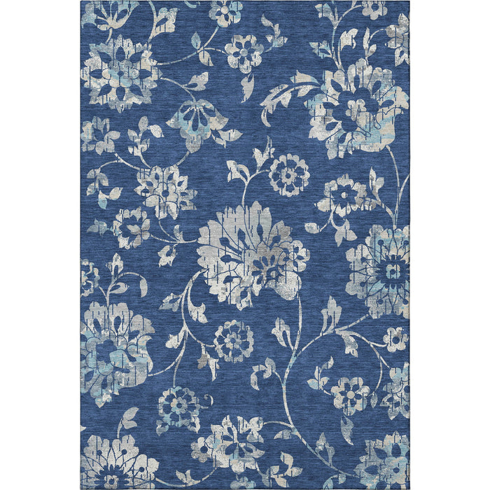 8' X 10' Floral Washable Area Rug With UV Protection (667925) - Navy Blue / Silver