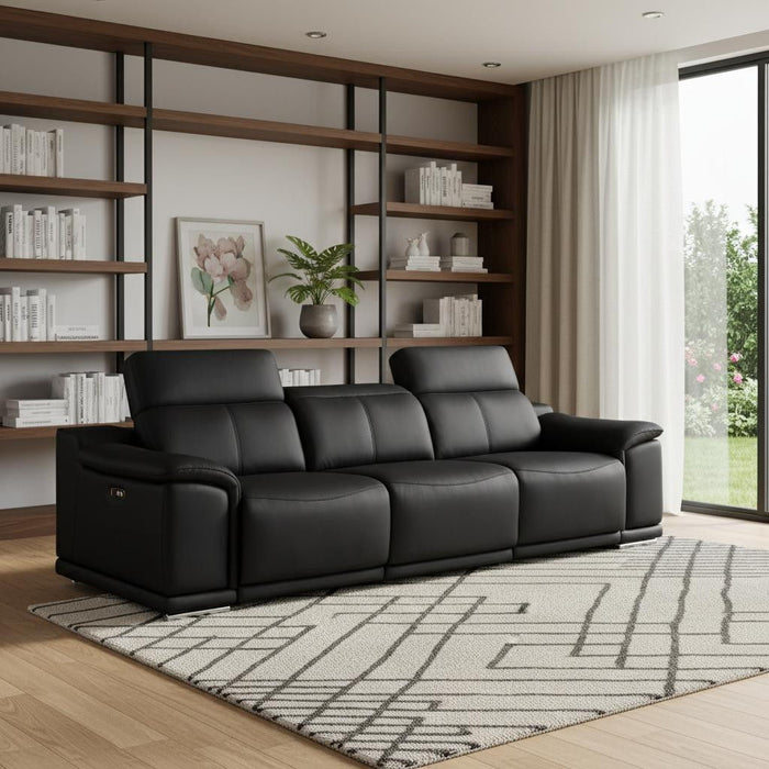 Leather Reclining USB Sofa - Black