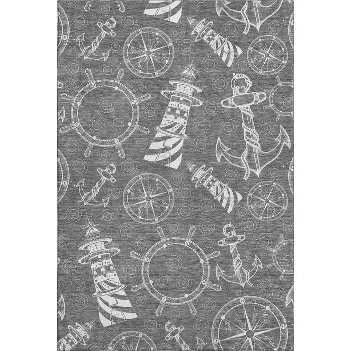 9' X 12' Nautical Washable Area Rug With UV Protection - Gray And Ivory