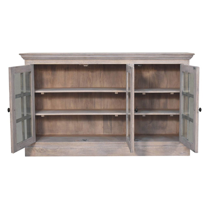 35" Distressed Solid Wood Accent Cabinet With Three Doors - Light Gray