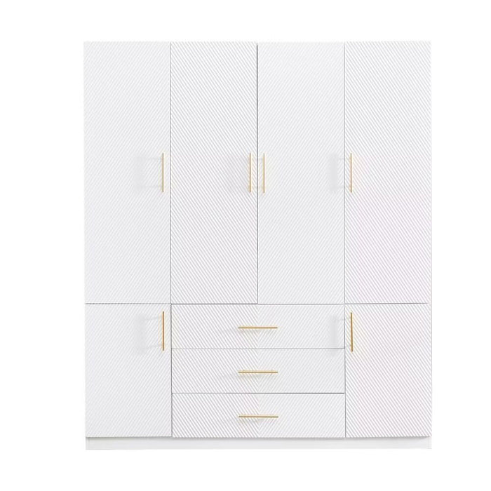 White 74-inch carved geometric six-door, three-drawer dresser wardrobe by HomeRoots with detailed woodwork and modern design.