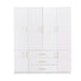 White 74-inch carved geometric six-door, three-drawer dresser wardrobe by HomeRoots with detailed woodwork and modern design.