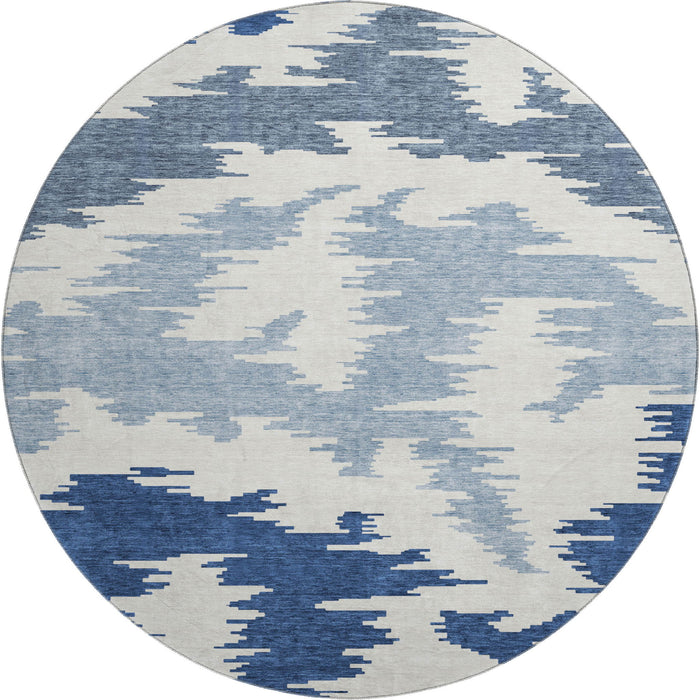 8' Abstract Washable Round Rug With UV Protection - Navy Blue / Ivory