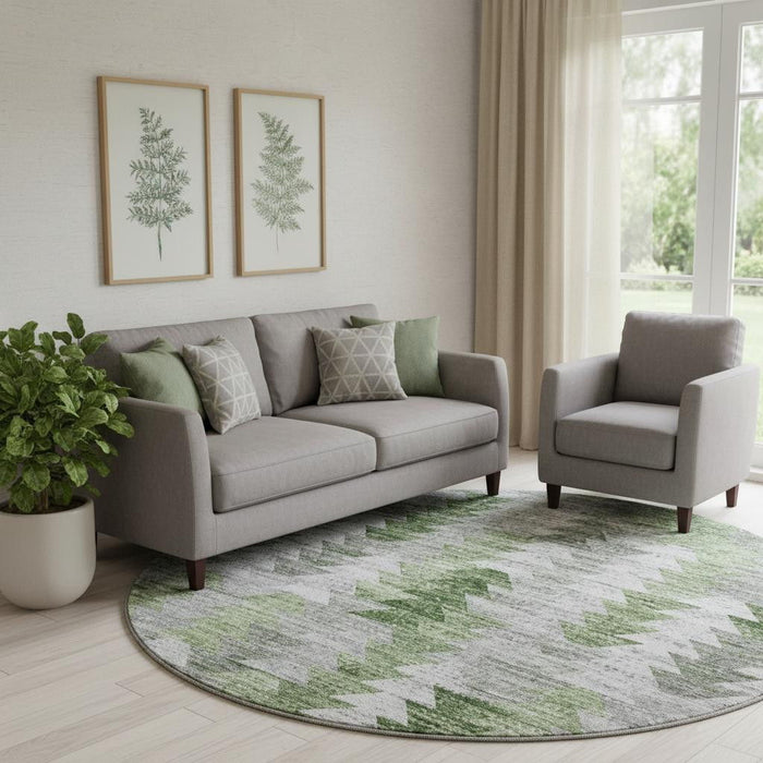 8' Geometric Washable Round Rug With UV Protection (653131) - Green / Ivory / Gray
