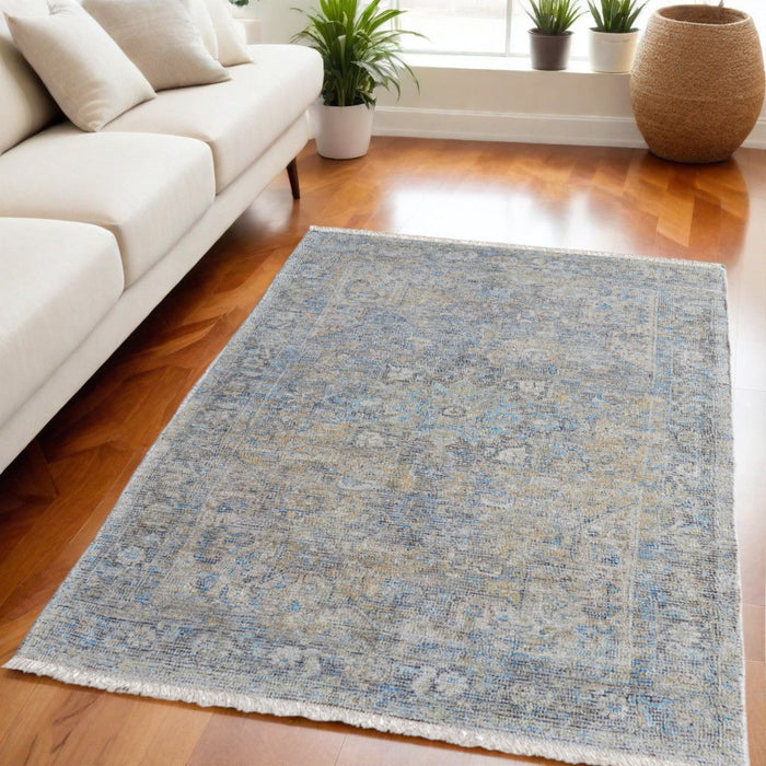 5' X 8' Abstract Hand Woven Distressed Area Rug With Fringe - Gray And Tan
