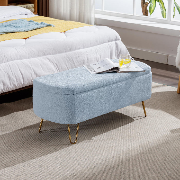 Modern Giga storage ottoman bench with camel faux fur upholstery, padded seat, and built-in storage for bedroom or entryway.