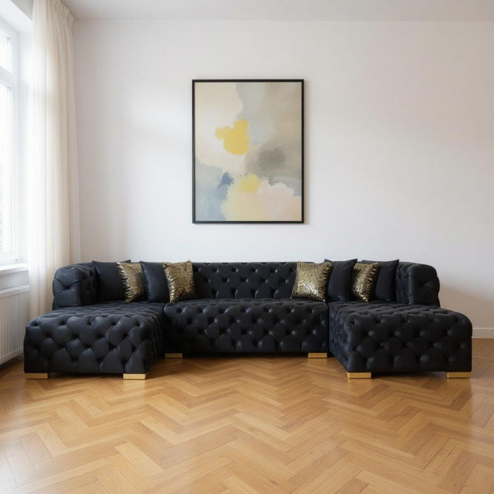 Tufted Velvet Modular U Shaped Sofa Chaise Sectional With Toss Pillows - Black
