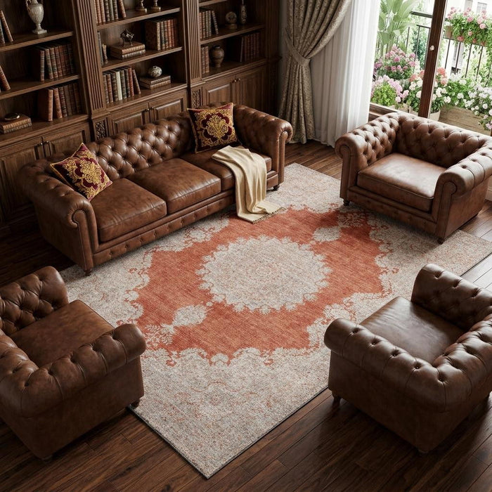 10' X 14' Oriental Washable Area Rug With UV Protection (678910) - Rust / Beige
