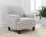 Grey upholstered English arm accent chair by CoasterElevations, featuring plush fabric and classic design for elegant living rooms.