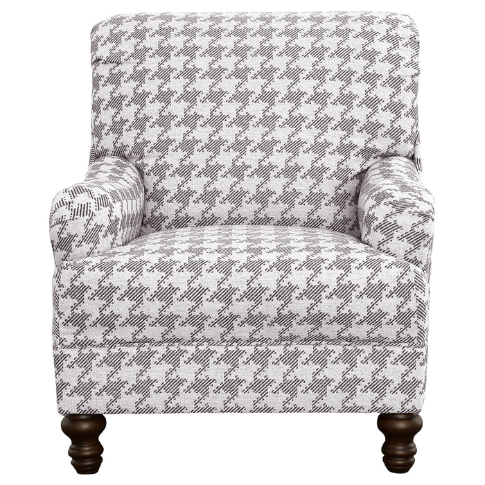 Grey Glenn upholstered English arm accent chair by CoasterElevations with plush fabric and classic design, shown in a cozy living room setting.