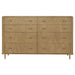 CoasterElevations Arini 4-piece Eastern King bedroom set with sand wash and grey finish, including bed, nightstands, and dresser, in a modern bedroom.