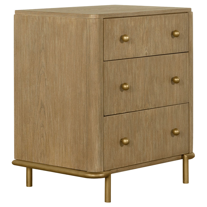 CoasterElevations Arini 5-piece Eastern King bedroom set with sand wash and grey finish, includes bed frame, nightstands, and storage.