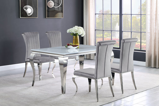 CoasterElevations Carone 5-piece white glass dining set with rectangular table and grey upholstered chairs, 61-inch size, modern furniture
