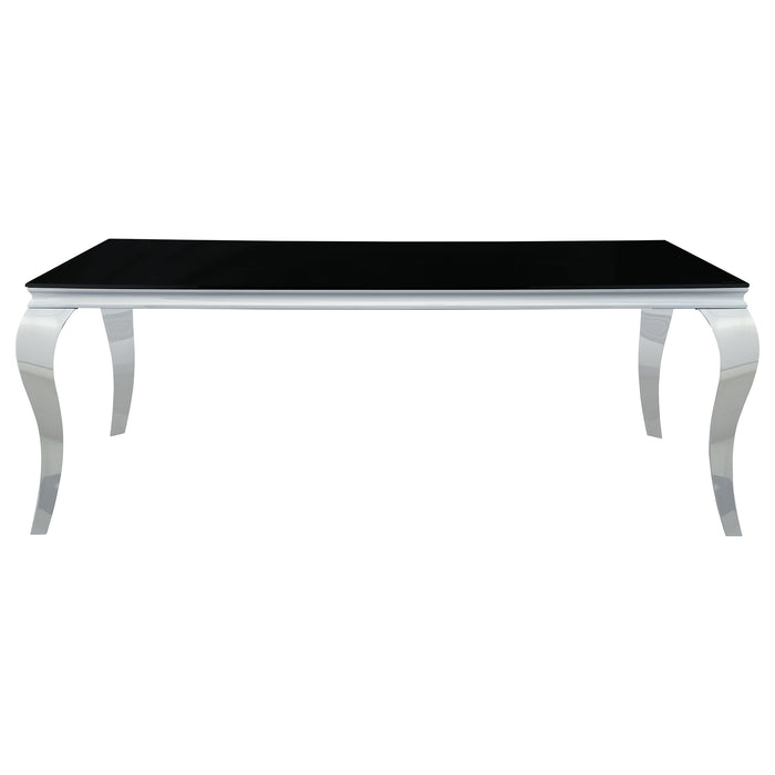 CoasterElevations Carone 5-piece black glass rectangular dining set with four chairs and a sleek black table for modern dining spaces.