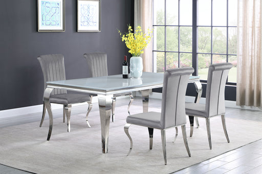 CoasterElevations Carone 5-piece white glass dining set with rectangular table and grey upholstered chairs, 81-inch size.