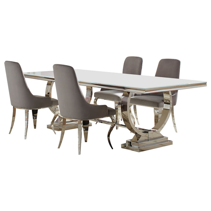 CoasterElevations Antoine 5-piece rectangular glass top dining table set with grey finish, featuring modern design and sturdy legs.
