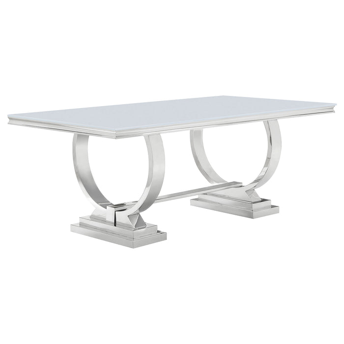 CoasterElevations Antoine 5-piece rectangular glass top dining table set with grey finish, includes table and matching chairs.