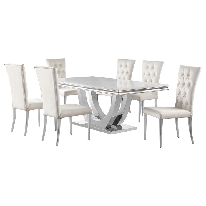 CoasterElevations Kerwin 7-piece rectangular dining table set with white finish and chrome accents, shown in a modern dining room setting.