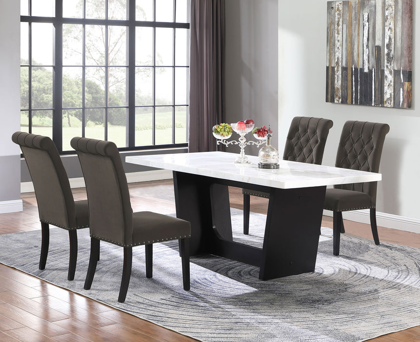 CoasterElevations Sherry 5-piece rectangular dining table set with brown marble top and matching chairs, modern furniture design.