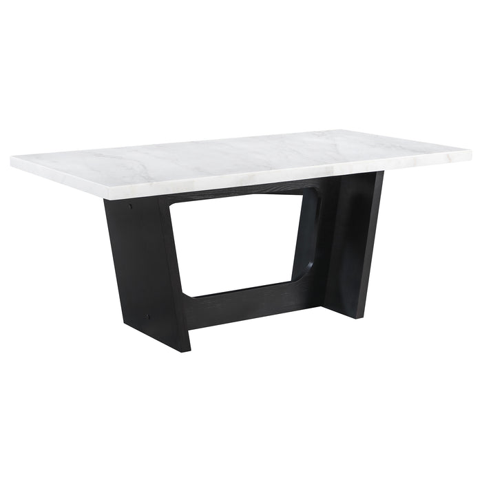 CoasterElevations Sherry 5-piece rectangular dining table set with marble top and brown finish, includes matching chairs and table.