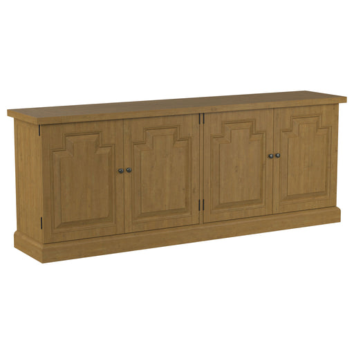 Rustic honey finish Florence 4-door dining sideboard buffet cabinet by CoasterElevations with wood grain details and metal hardware.