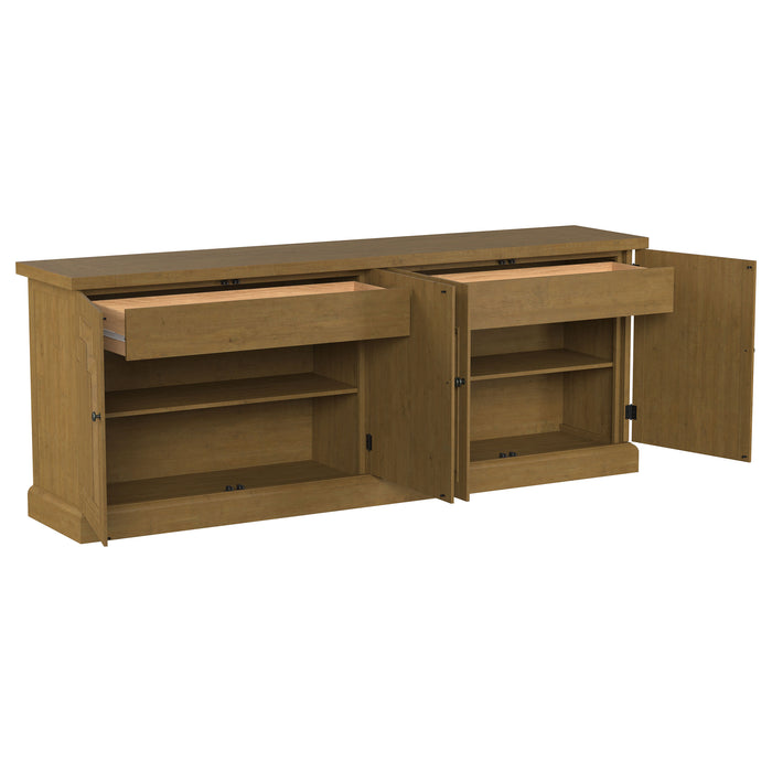 Rustic honey finish Florence 4-door dining sideboard buffet cabinet by CoasterElevations showing wooden doors and spacious storage.