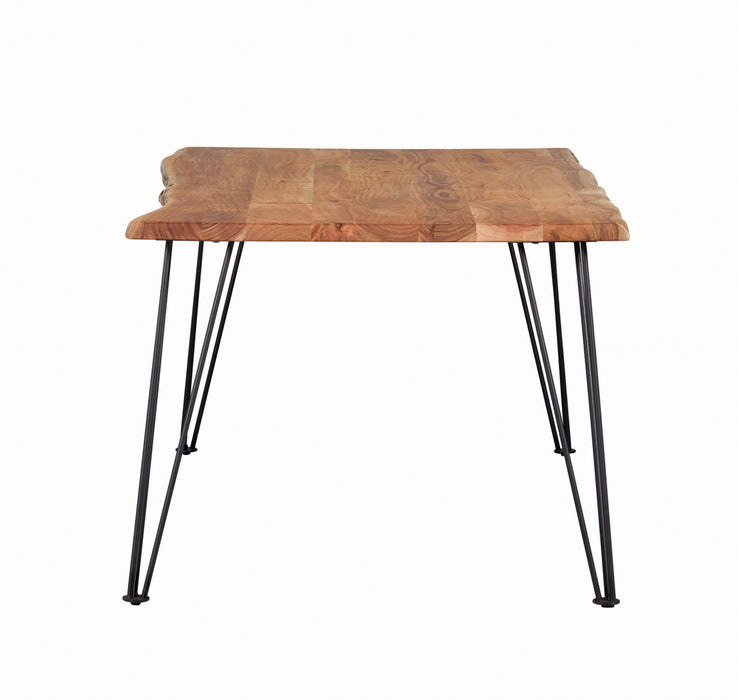 CoasterElevations Sherman 71-inch natural acacia live edge dining table showcasing a rustic wooden surface and sturdy legs.