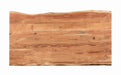 Sherman 71-inch natural acacia live edge dining table by CoasterElevations, showcasing its rustic wood grain and smooth tabletop surface.