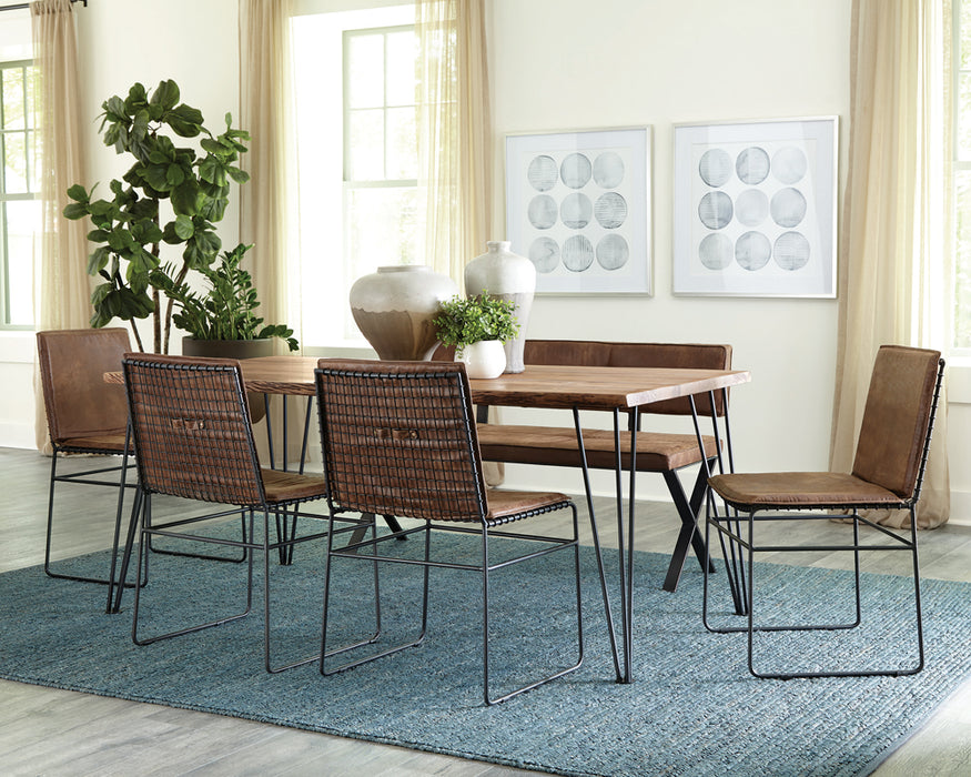 Sherman 71-inch live edge dining table in natural acacia wood with a smooth, polished surface and sturdy wooden legs.