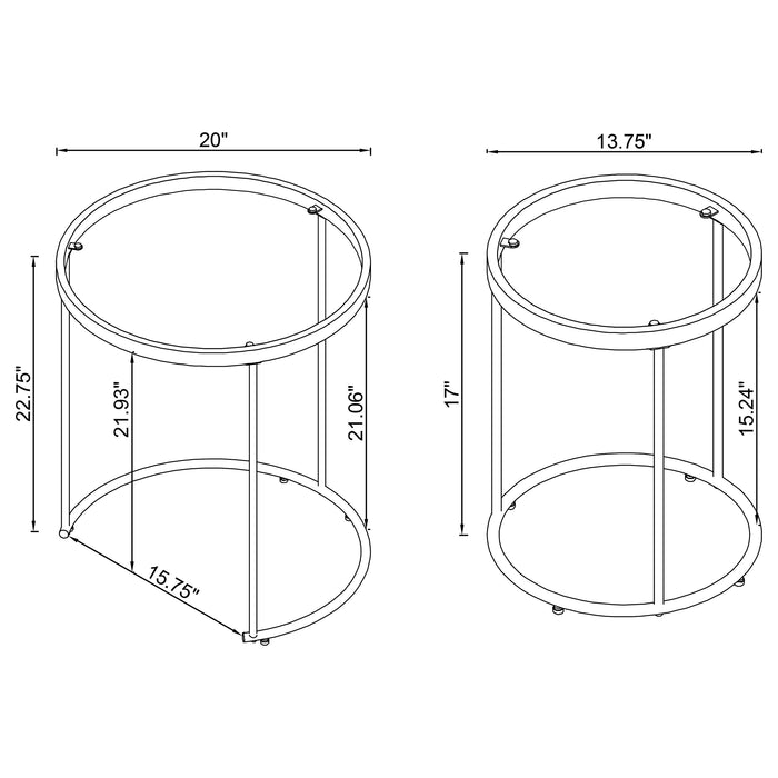 CoasterElevations Maylin 2-piece round glass top nesting table set with gold finish, showcasing sleek modern furniture design