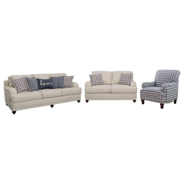 CoasterElevations Glenn 3-piece upholstered sofa set in light grey and blue fabric with plush cushions and wooden legs.