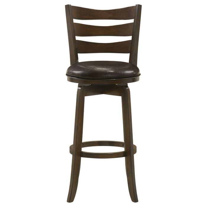 Dark brown Murphy wood pub height swivel bar chair with cushioned seat and backrest, featuring a sturdy wooden frame and metal swivel base.