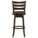 Dark brown Murphy wood pub height swivel bar chair with cushioned seat and backrest, featuring a sturdy wooden frame and metal swivel base.