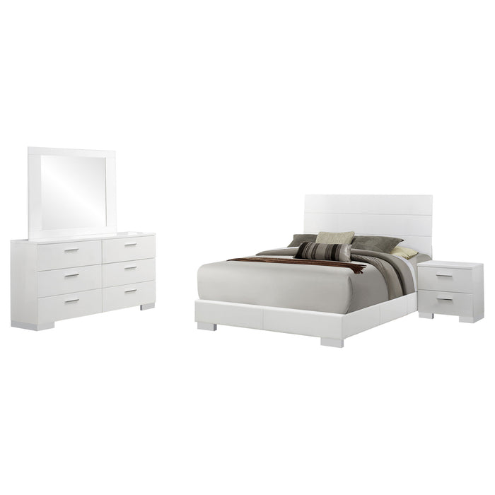 Felicity 4-piece Eastern King bedroom set by CoasterEssence in white high gloss finish, includes bed frame and matching furniture pieces.