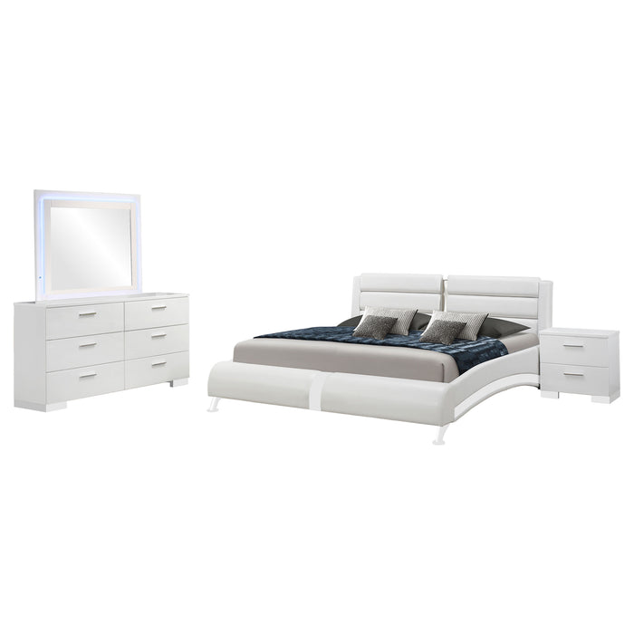 White Jeremaine 4-piece California King bedroom set by CoasterEssence, includes bed frame, nightstands, and dresser with modern design.