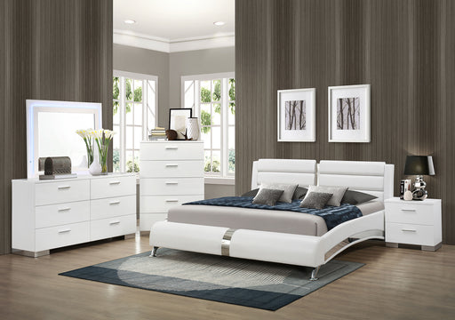 White California King bedroom set by CoasterEssence featuring five pieces, including a bed frame, dressers, and nightstands.