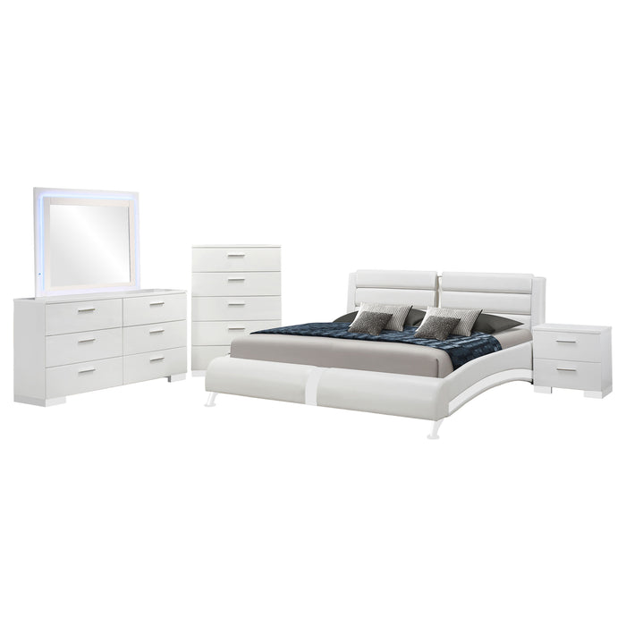White Jeremaine 5-piece California King bedroom set by CoasterEssence, featuring a large bed, matching nightstands, and dresser.