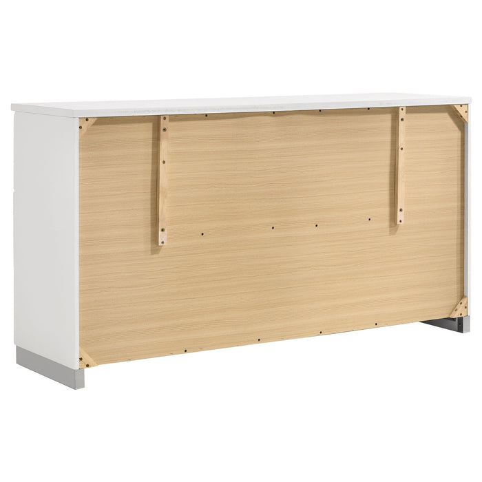 White Jeremaine 5-piece queen bedroom set by CoasterEssence, including bed frame, dresser, and matching nightstands in a modern design.