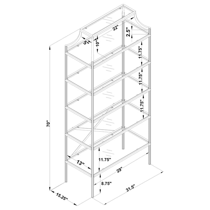 CoasterEssence Serena 70-inch gold glass bookshelf with five shelves, showcasing a modern furniture piece for home or office.
