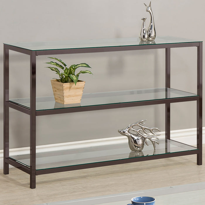 CoasterEssence Trini black nickel 2-shelf glass top entryway console table showcasing sleek design and modern style.